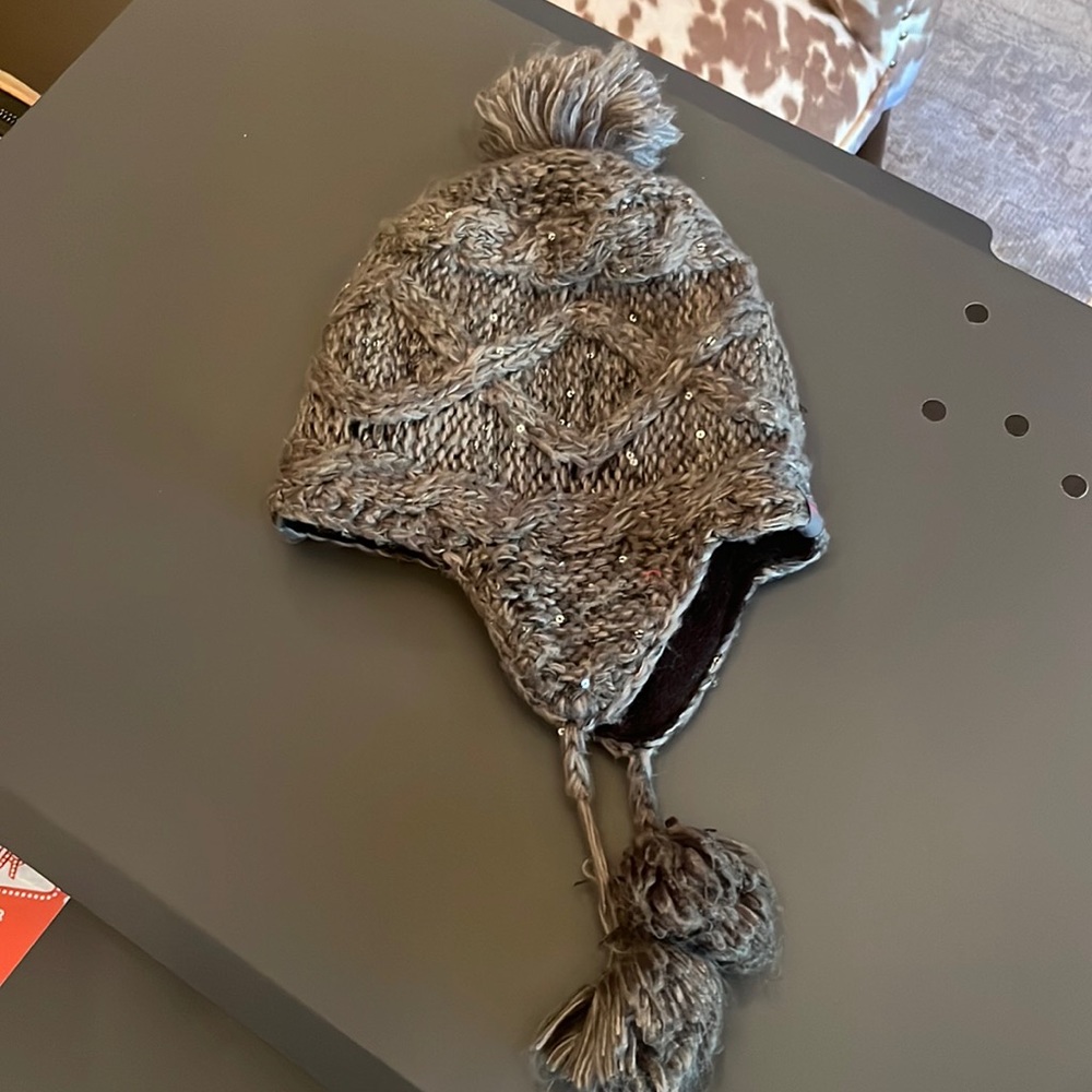 REI beanie with earflaps. Gray some sequins.  Girls Size 4-7 years